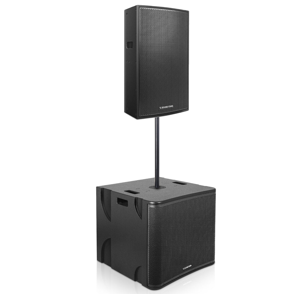 Sound Town CARME-115BPW18SPW | CARME Series Powered PA System with 15" Loudspeaker, 18" Subwoofer w/ DSP, LPF and Speaker Pole Combo Set, Black
