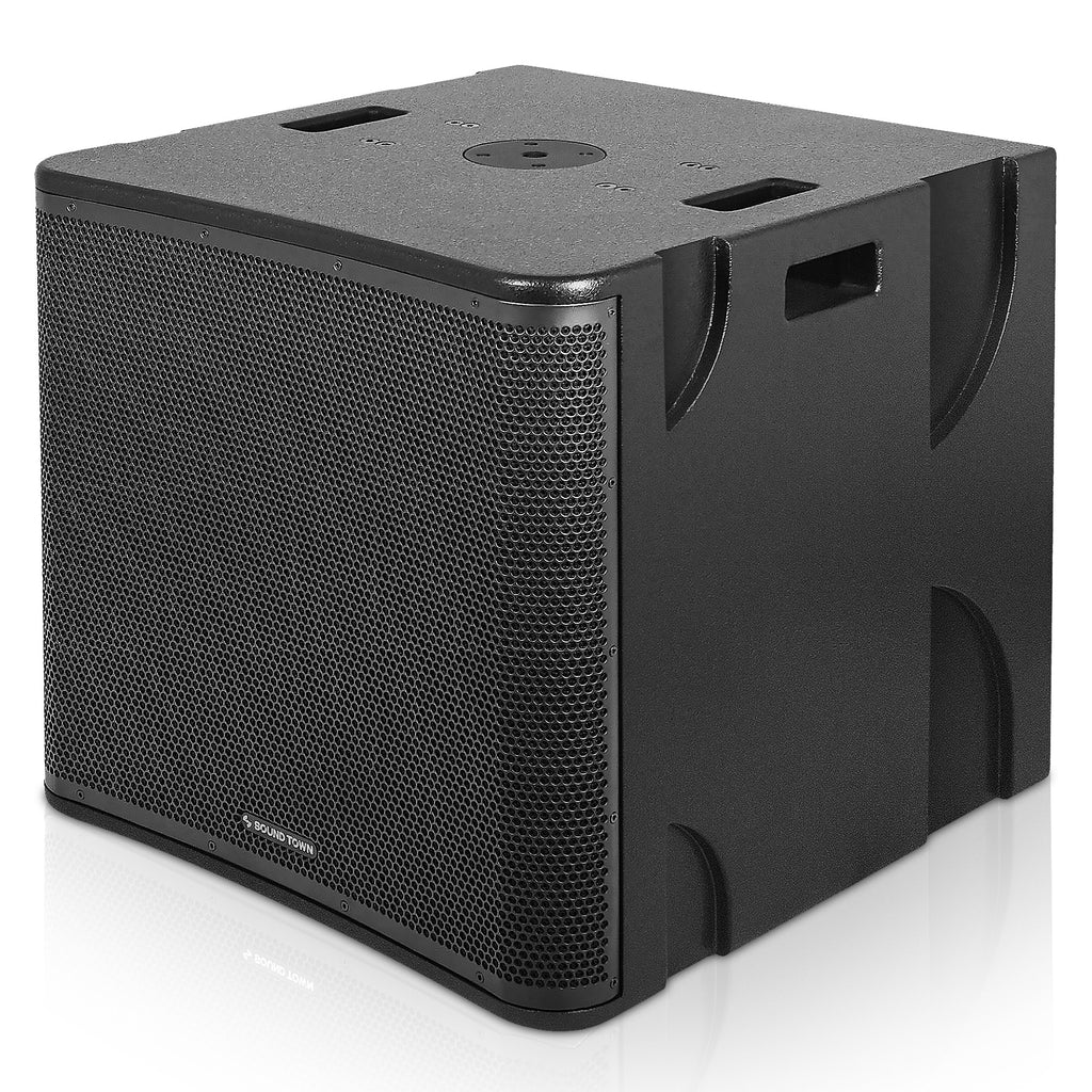 Sound Town CARME-15SPW-PAIR CARME Series 15" 1400 Watts Powered PA DJ Subwoofers with DSP and Plywood Enclosure, Black - Left Panel