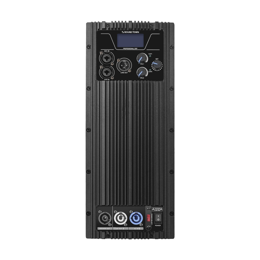 Sound Town CARME-18M64 18” 2200W Powered PA Subwoofer, Black w/ Speaker Output, DSP, Plywood, for Lounges, Clubs, Bars, Theaters, Restaurants, Churches - Plate AMP Panel Module