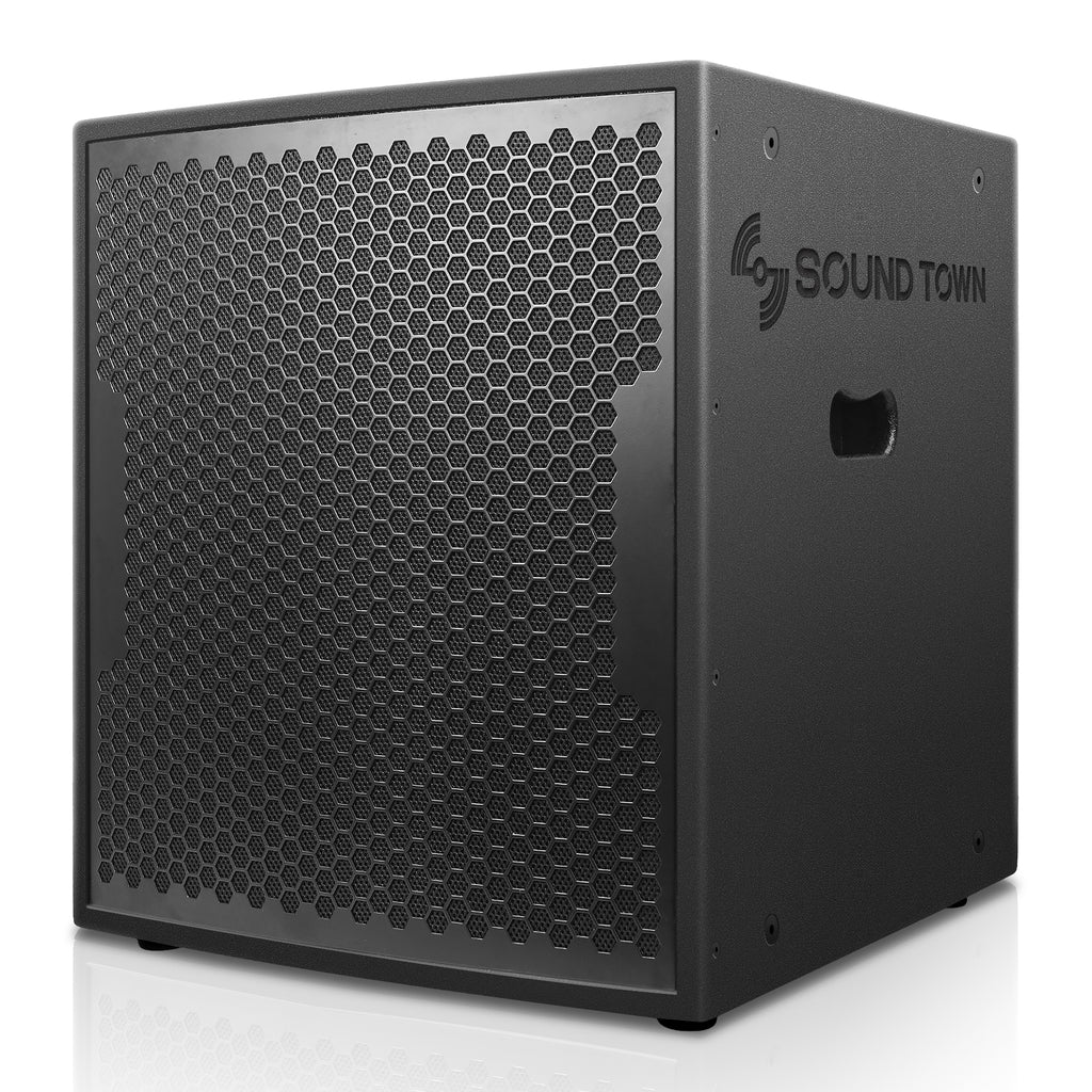 Sound Town CARME-18M64 18” 2200W Powered PA Subwoofer, Black w/ Speaker Output, DSP, Plywood, for Lounges, Clubs, Bars, Theaters, Restaurants, Churches - Left Panel