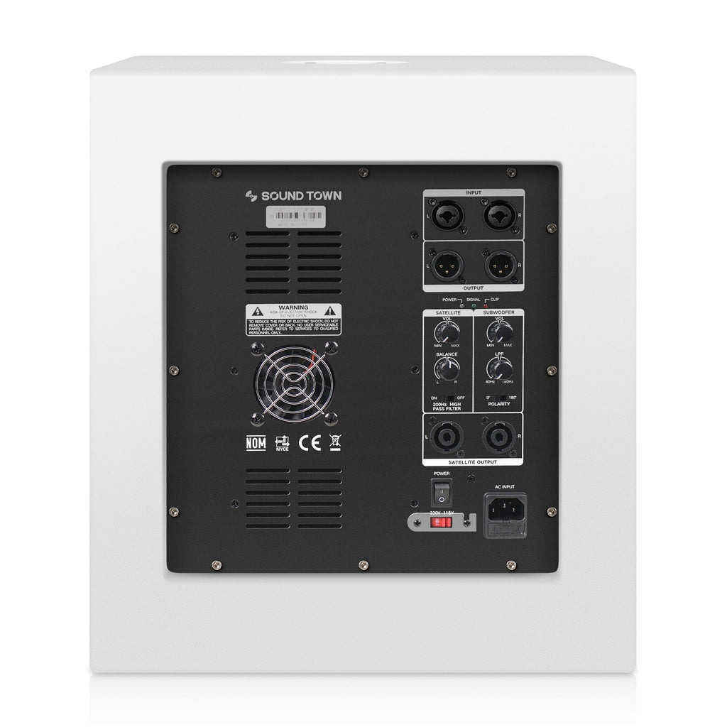 Sound Town CARPO-12DSWPW-R | REFURBISHED: 12" 800W Powered Subwoofer with 2 Speaker Outputs, Plywood Enclosure, White - Back Panel