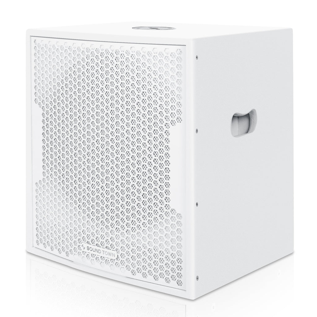 Sound Town CARPO-12DSWPW-R | REFURBISHED: 12" 800W Powered Subwoofer with 2 Speaker Outputs, Plywood Enclosure, White - Left Panel