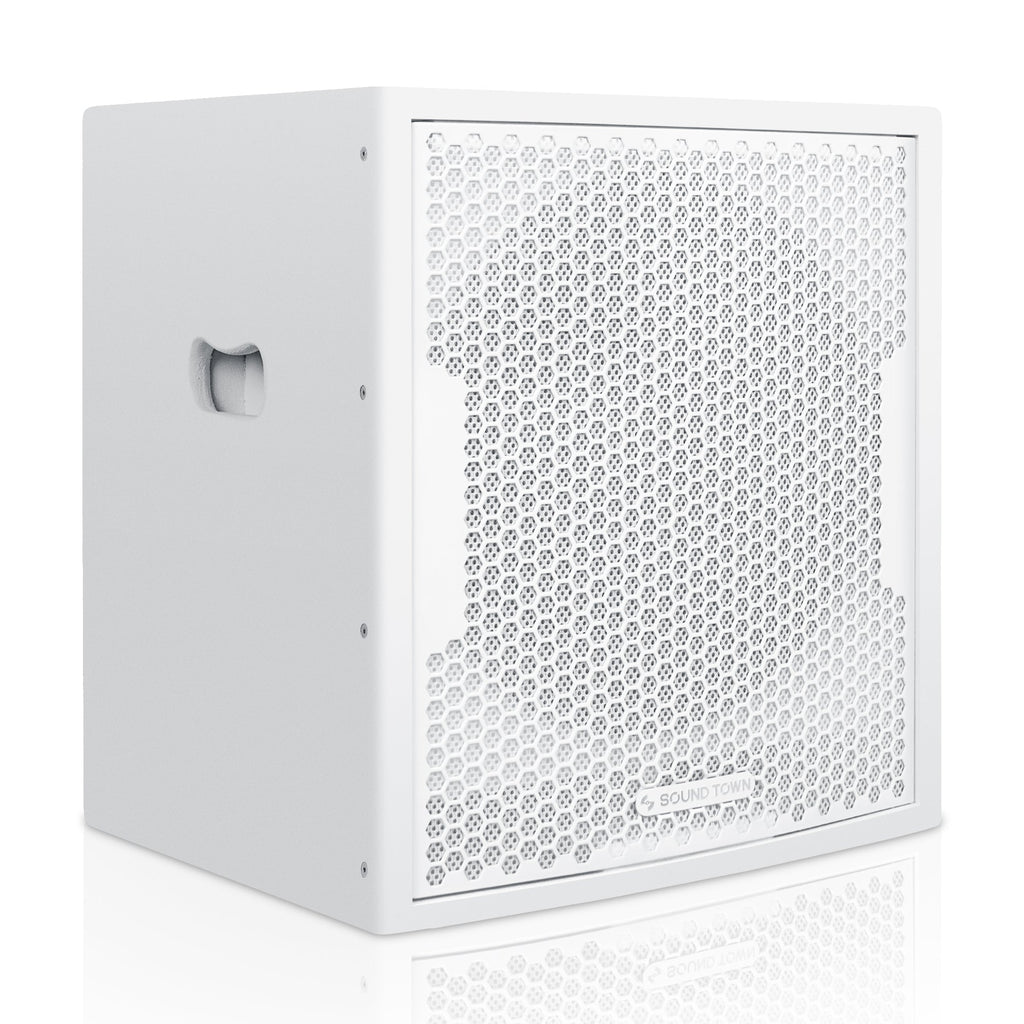 Sound Town CARPO-12DSWPW-R | REFURBISHED: 12" 800W Powered Subwoofer with 2 Speaker Outputs, Plywood Enclosure, White - Right Panel