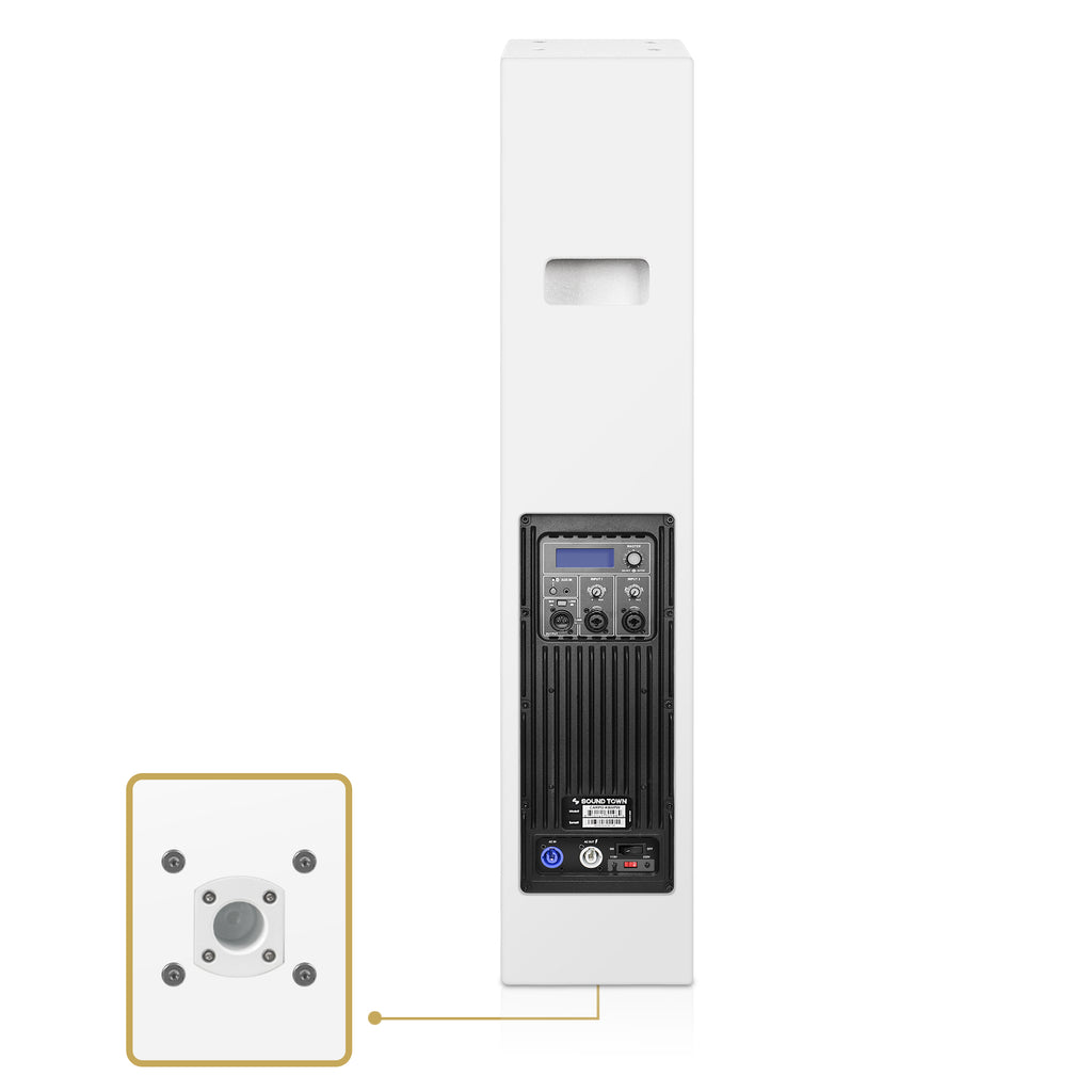 Sound Town CARPO-K12WPW | High-Power Powered Wall-Mount Column Line Array Speaker W/ 6x5" Woofers, Dual Compression Drivers, Class-D W/DSP, TWS, Plywood, White - 35mm Socket on the Bottom