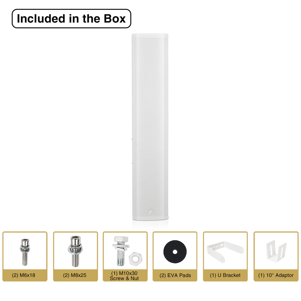 Sound Town CARPO-K12WPW | High-Power Powered Wall-Mount Column Line Array Speaker W/ 6x5" Woofers, Dual Compression Drivers, Class-D W/DSP, TWS, Plywood, White - Package Content, Included in the Box
