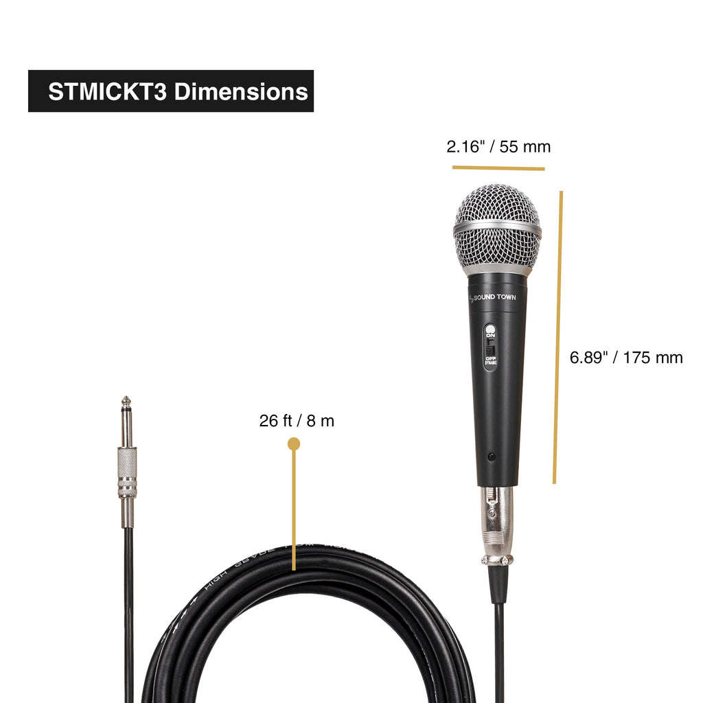 Sound Town CARPO-L2MKT3 3-piece Professional Handheld Dynamic Microphone Kit with Carry Case, Mic Clips, 26ft XLR to 1/4" Audio Cables - Size and Dimensions