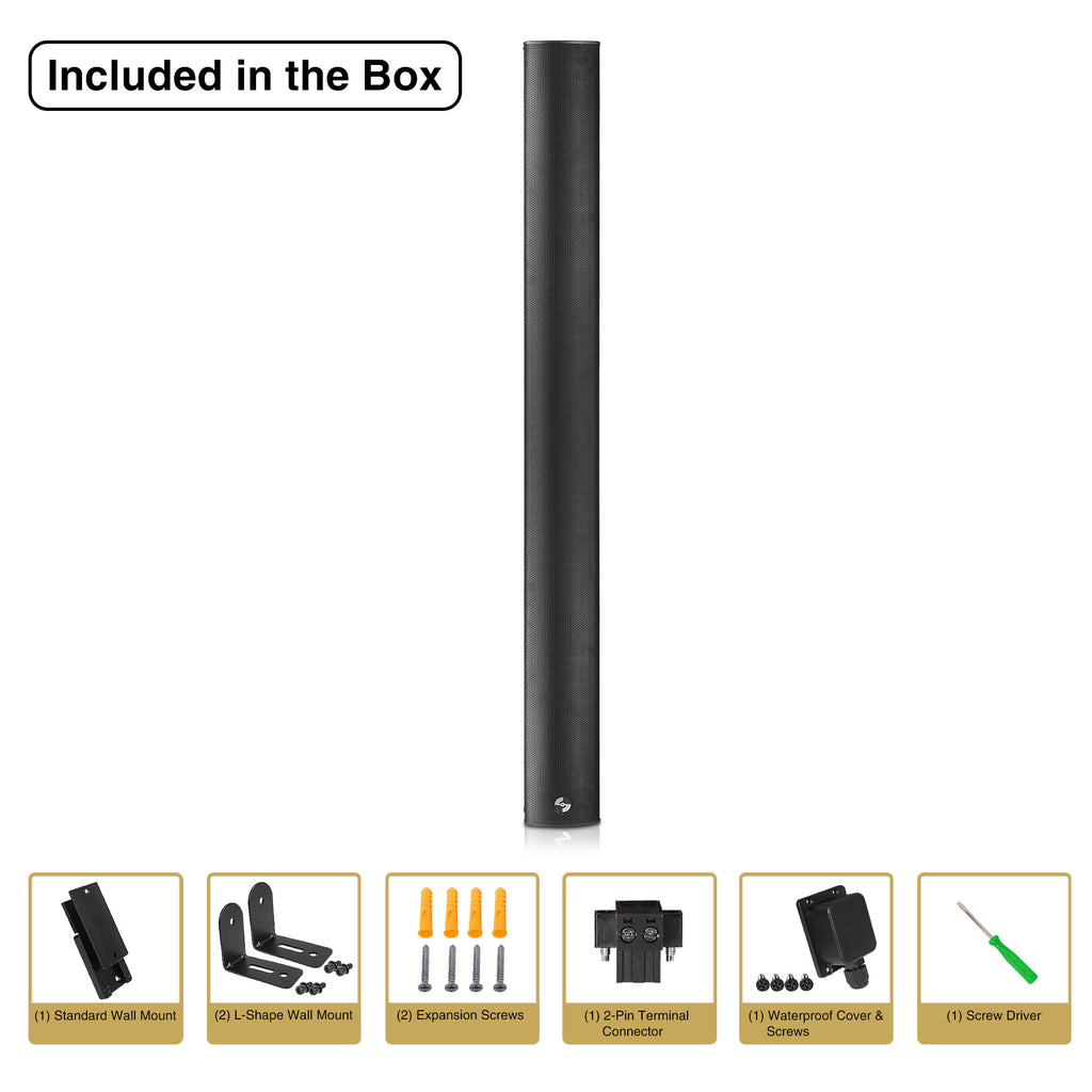 Sound Town CARPO-M106B | REFURBISHED: Weather-Resistant Compact Aluminum Line Array Column Speaker with Wall Mount Bracket, 10 x 3" Woofers, 6 x 1.2" Tweeters, Black - Package Content, (1) Standard Wall Mount, (2) L-Shape Wall Mount, (2) Expansion Screws, (1) 2-Pin Terminal Connector, (1) Waterproof Cover & Screws, (1) Screw Driver