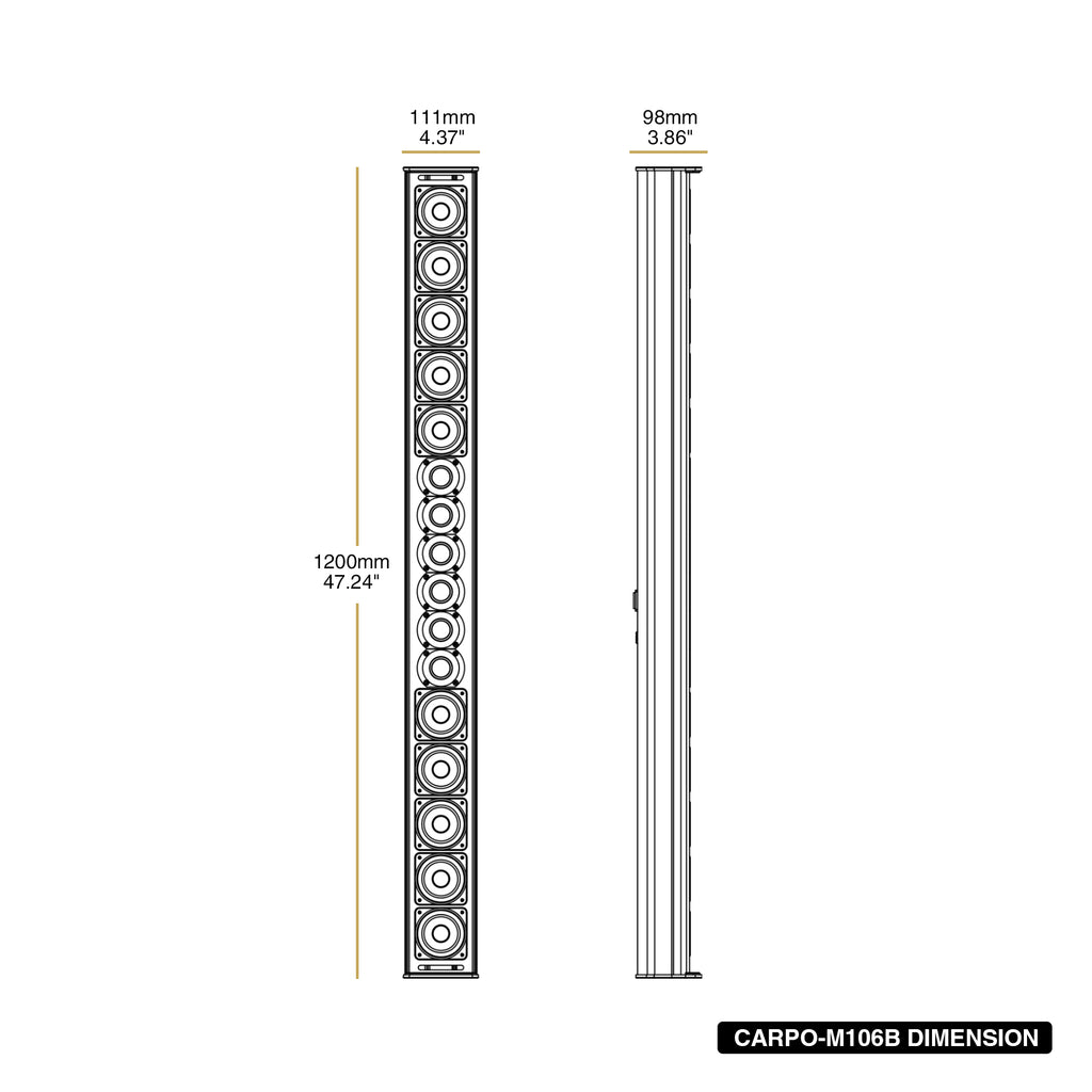 Sound Town CARPO-M106B-R | REFURBISHED: Weather-Resistant Compact Aluminum Line Array Column Speaker with Wall Mount Bracket, 10 x 3" Woofers, 6 x 1.2" Tweeters, Black - Size and Dimensions