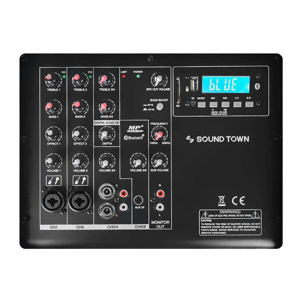 Sound Town CARPO-M12V5 | CARPO Series 12" 1400W PA/DJ Powered Subwoofer, 2.1 Channel w/ 2 Speaker Outputs, Built-in Mixer, Plywood, Black - Plate Amp Module