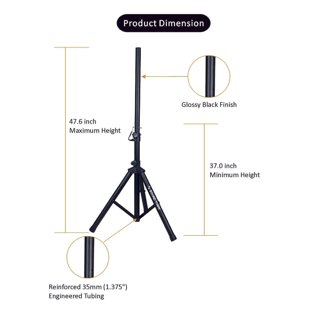 Sound Town CARPO-M12V5 | 2-Pack Universal Tripod Speaker Stands with Adjustable Height, 35mm Compatible Insert, Locking Knob and Shaft Pin, Black - Size and Dimensions