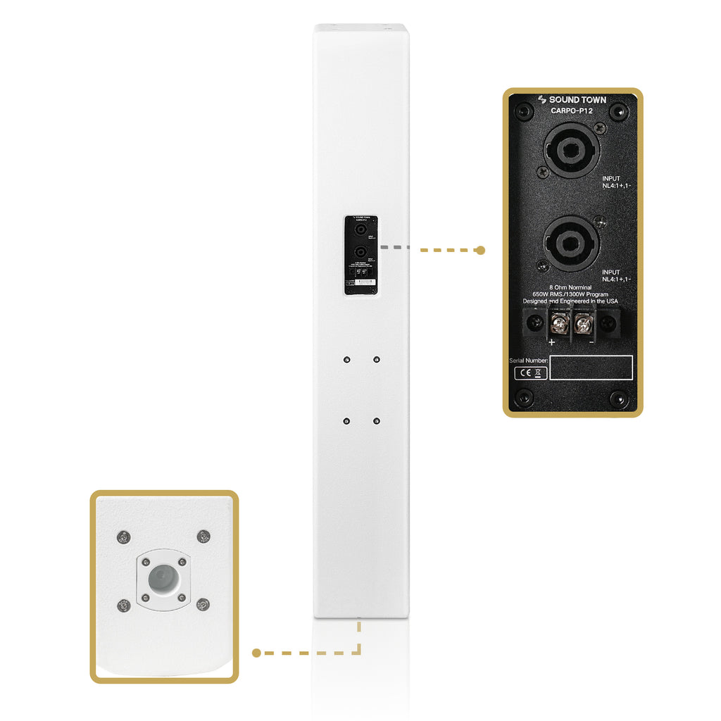 Sound Town CARPO-P12W | High-Power 1300W Passive Column Line Array Speaker with 6x5" Woofers, Birch Plywood, Wall Mount, for Installations, White - 35mm socket on the bottom, 2 Speakon Input Connectors