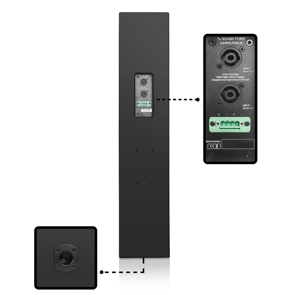 Sound Town CARPO-P6SLB | High-Power 900W Passive Slant Column Line Array Speakers with 4x5" Woofers, Birch Plywood, Asymmetrical Vertical Coverage, Black-35mm Socket