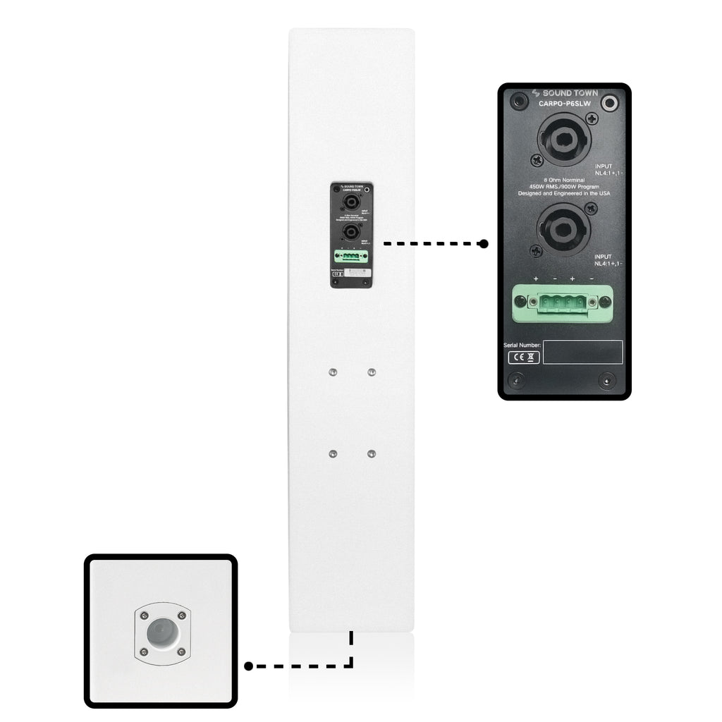 Sound Town CARPO-P6SLW | High-Power 900W Passive Slant Column Line Array Speakers with 4x5" Woofers, Birch Plywood, Asymmetrical Vertical Coverage, White-35mm Socket