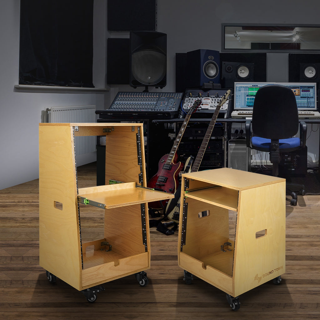 DIY Slanted Studio & Recording Rack with Slide-Out Tray, Casters, Plywood, Golden Oak for Equipment Storage and Organization Ideas
