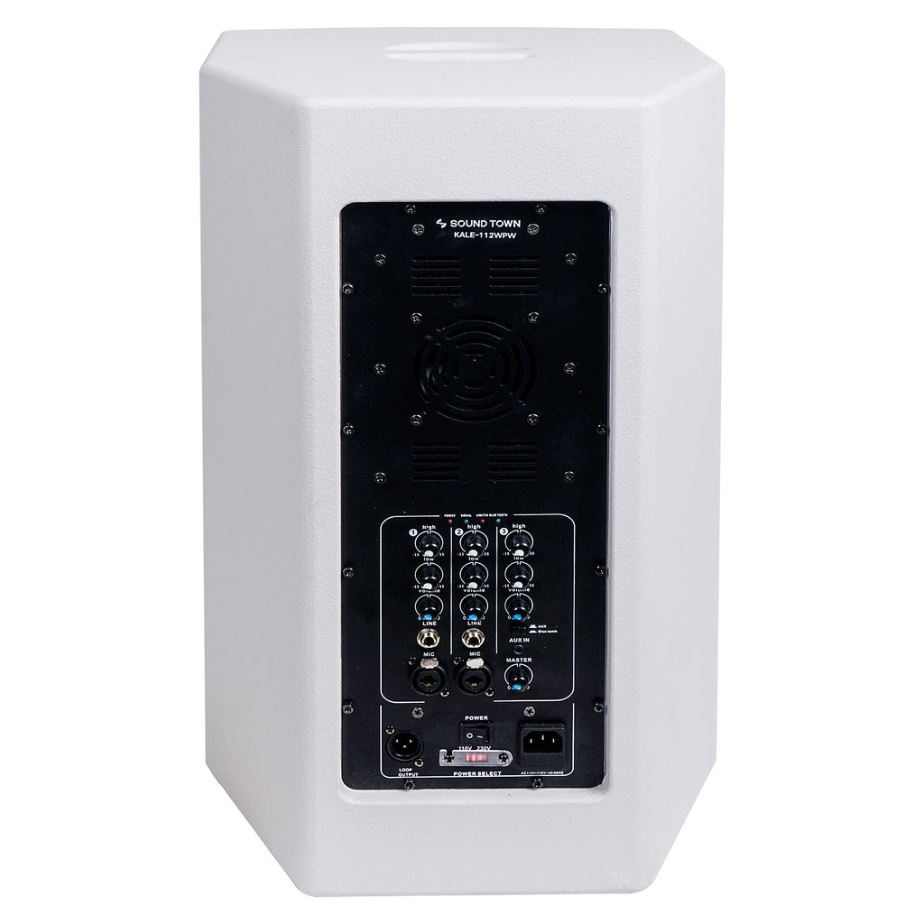 Sound Town KALE-112WPW-PAIR | KALE Series 2-Pack 12” 700W Powered DJ PA Speaker with Bluetooth and 3-Channel Mixer, for Mobile DJ, Live Sound, Karaoke, Bar, Church, White - Back Panel
