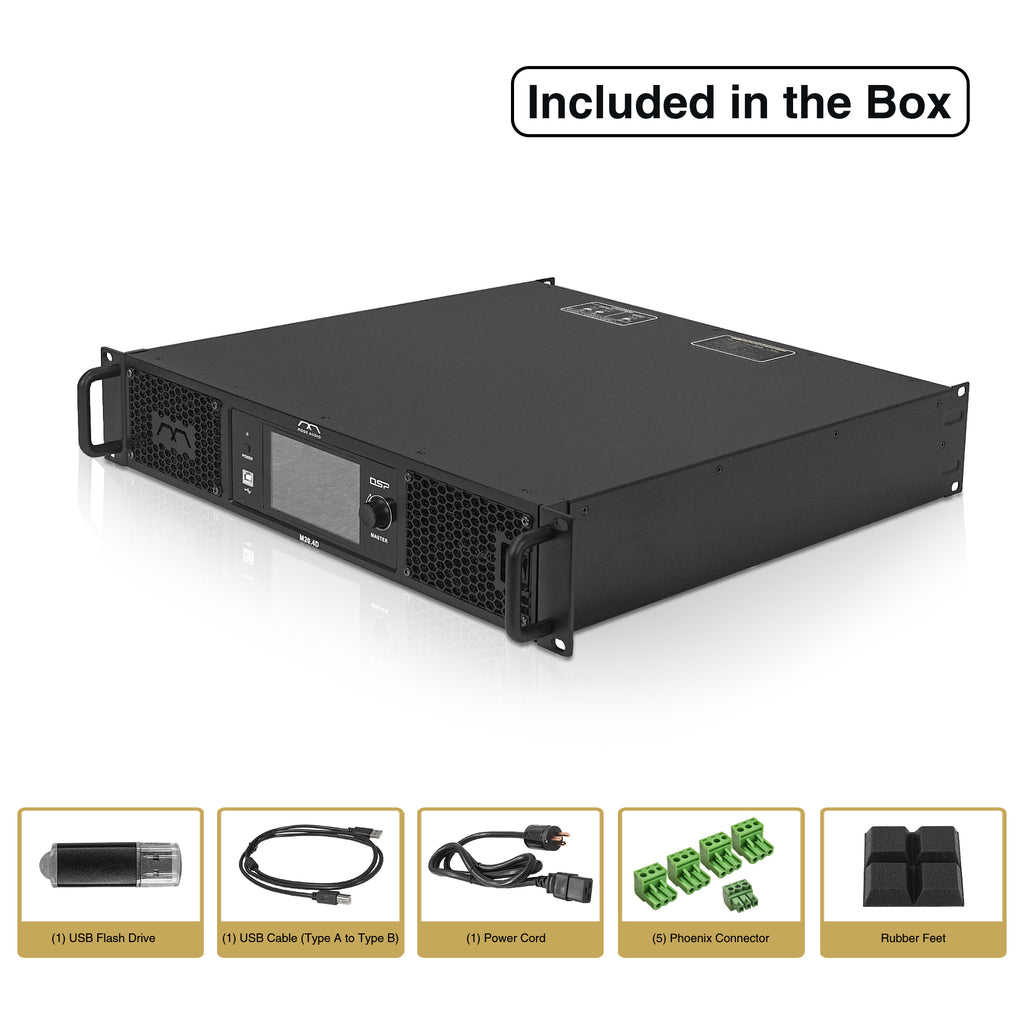 Sound Town M20.4D | Class-D 4-Channel PA/DJ Professional Power Amplifier, DSP, Dante, FIR, 4 x 3400W RMS at 4Ω, Capacitive Touch Screen, PFC Power- USB Flash Drive, USB Cable (Type A to Type B), Power Cord, 5 x Phoenix Connector, Rubber Feet