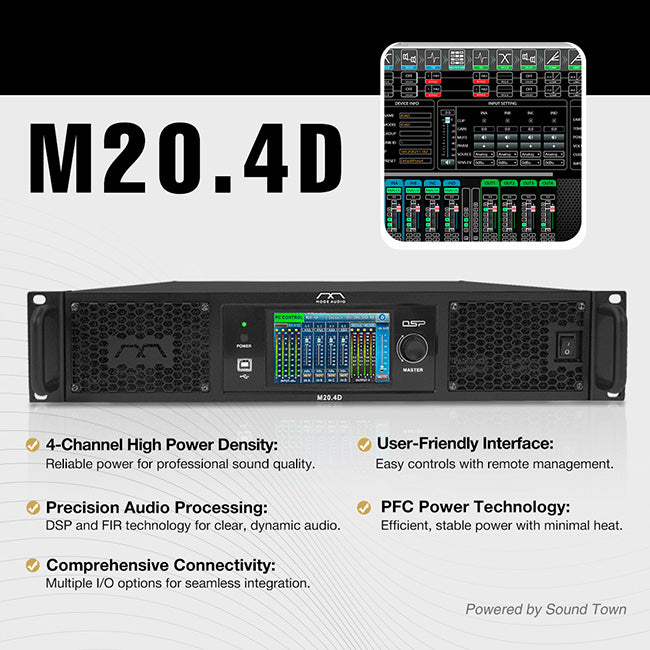 Sound Town M20.4D | Class-D 4-Channel PA/DJ Professional Power Amplifier, DSP, Dante, FIR, 4 x 3400W RMS at 4Ω, Capacitive Touch Screen, PFC Power for Live Sound, Touring, and Fixed Installations