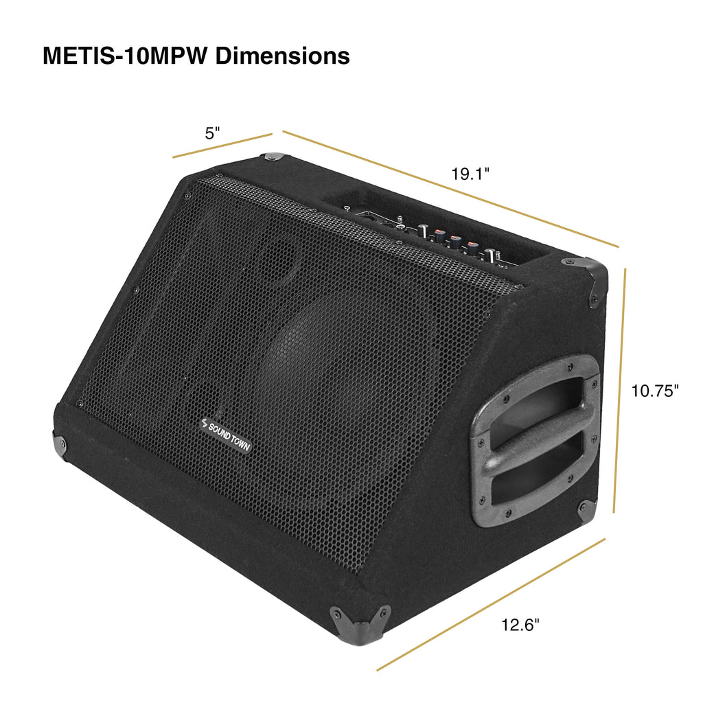 Sound Town METIS-10MPW-R | REFURBISHED: METIS Series 10” 300W Powered DJ PA Stage Floor Monitor Pro Audio Speaker w/ Compression Driver for Live Sound, Karaoke, Bar, Church - Dimensions