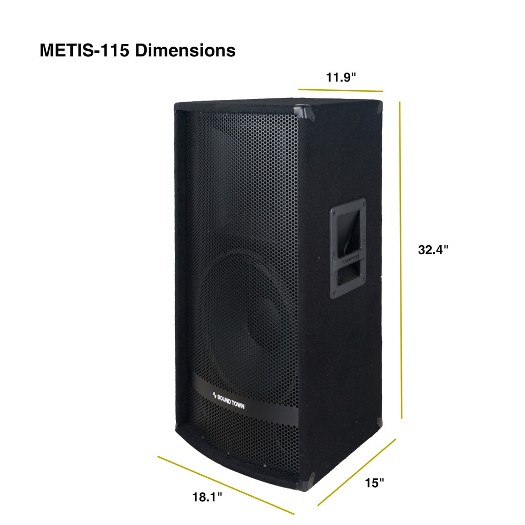 Sound Town METIS-115UPDM-15 METIS Series 15” 700W 2-Way Full-range Passive DJ PA Pro Audio Speaker with Compression Driver for Live Sound, Karaoke, Bar, Church - Dimensions