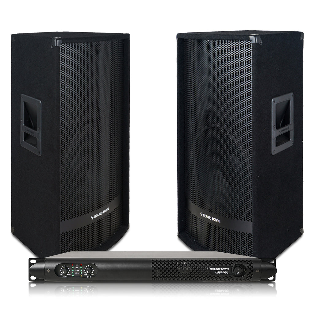 Sound Town METIS-115UPDM | Professional PA System with Two 15” Passive PA Speakers and One 2-Channel UPDM Power Amplifier for Live Sound, Karaoke, Bar, Church