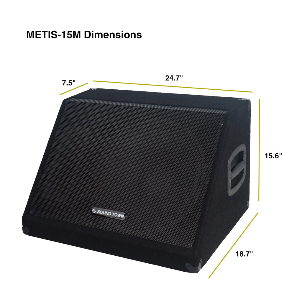 Sound Town METIS-15M-R | REFURBISHED: METIS Series 15” 600W Passive DJ PA Stage Floor Monitor Pro Audio Speaker w/ Compression Driver for Live Sound, Karaoke, Bar, Church - Dimensions