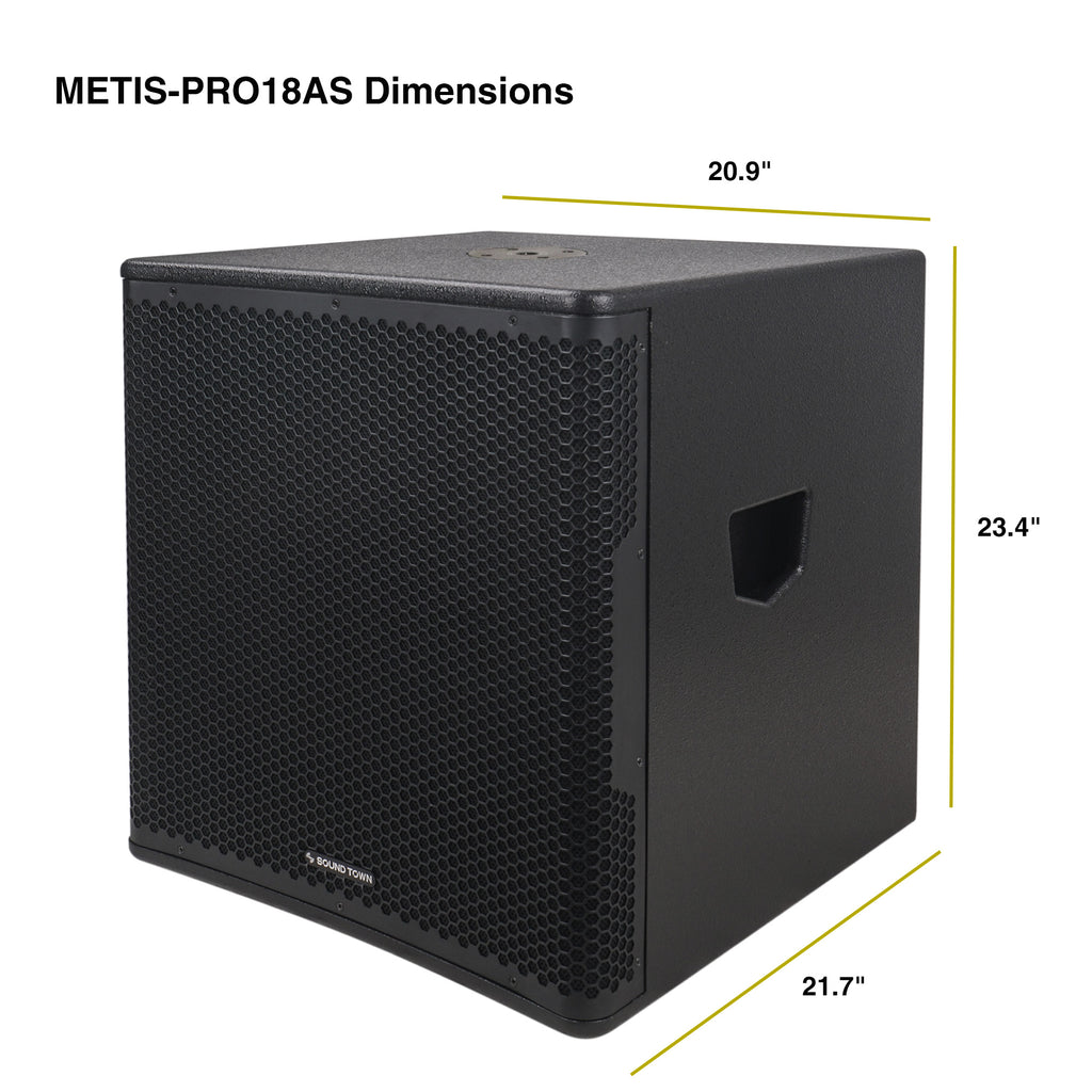 Sound Town METIS-PRO18AS-PAIR | METIS Series Pair of 18" 2400W Powered PA/DJ Subwoofer with Class-D Amplifier, Plywood, Black - Dimensions