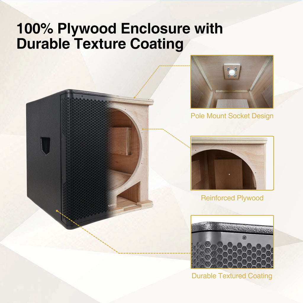 Sound Town METIS-PRO18AS-PAIR | METIS Series Pair of 18" 2400W Powered PA/DJ Subwoofer with Class-D Amplifier, Plywood, Black - 100% birch plywood enclosure with durable texture coating