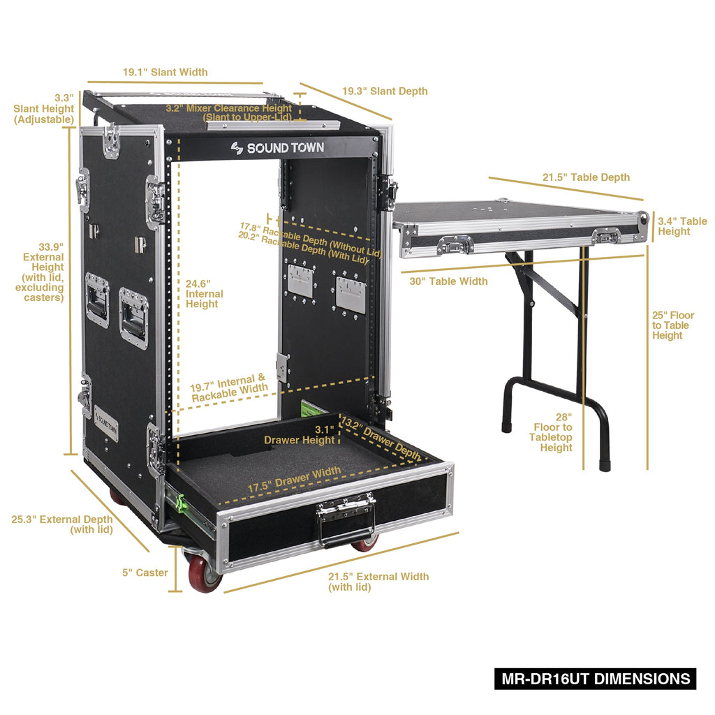 Sound Town MR-DR16UT-R | REFURBISHED: 16U PA DJ Pro Audio Rack/Road ATA Case w/ 2U Drawer, 11U Slant Mixer Top, DJ Work Table, Casters, Pro Tour Grade - Internal and External Size and Dimensions