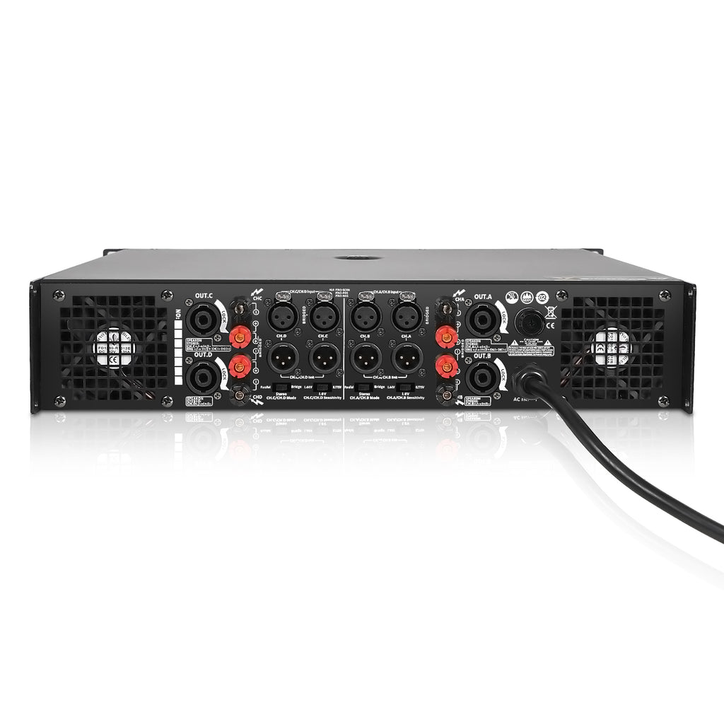 Sound Town NIX-A48PRO-R | REFURBISHED: High-Power Class-AB 4-Channel PA DJ Power Amplifier 4 x 1800W at 4 ohm, 2U Rack Mountable with LCD Display - Back Panel, Stereo / Parallel / Bridge Switches