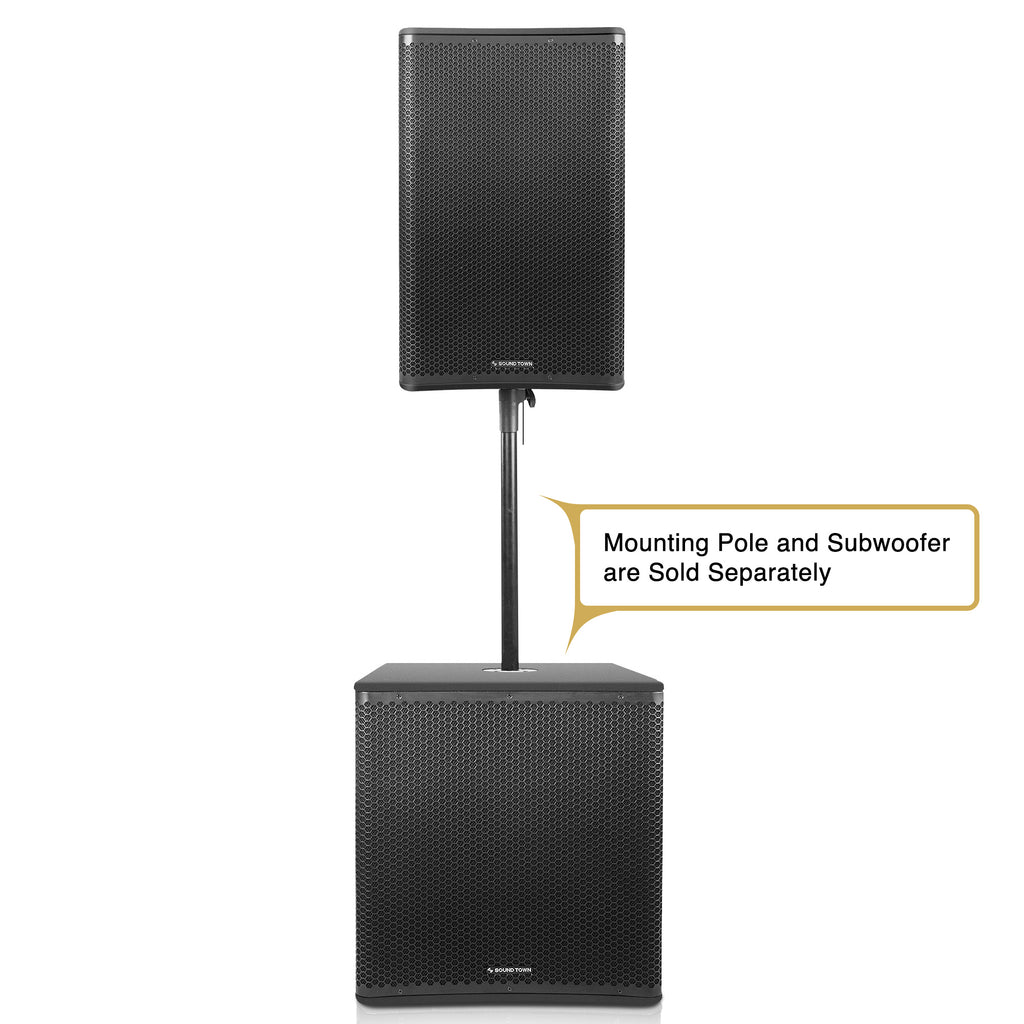 Sound Town OBERON-115PW-R | REFURBISHED: OBERON Series 15" 1400W Powered PA/DJ Speaker w/ 2-Channel Mixer and Onboard DSP, TWS Bluetooth, Plywood, Black - PA System, Mounting pole and subwoofer are sold separately