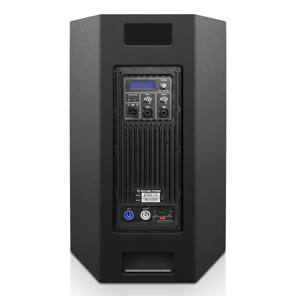 Sound Town OBERON-115PW-R | REFURBISHED: OBERON Series 15" 1400W Powered PA/DJ Speaker w/ 2-Channel Mixer and Onboard DSP, TWS Bluetooth, Plywood, Black - Back Panel