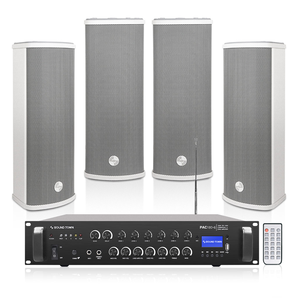 Sound Town PAC180X4CL25G | 4-Zone 70V/100V Commercial Restaurant Amplifier with Bluetooth and 4 x Dual 5-Inch Column Speakers, FM Antenna, Grey