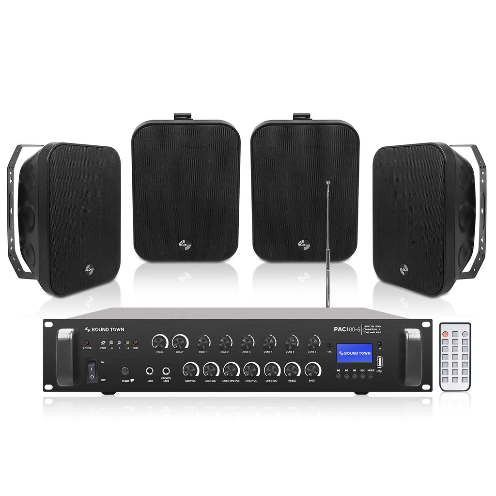 Sound Town PAC180X4MS6B | 4-Zone 70V/100V Commercial Amplifier and 4 x 6.5-Inch Surface-Mount Speakers Set, FM Antenna, For Restaurants, Bars, Cafes, Schools, Churches, Black