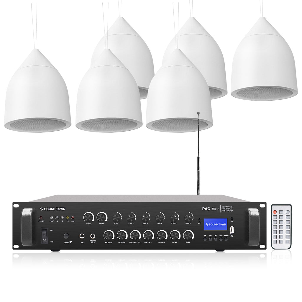 Sound Town PAC180X6PD6W | 6-Zone 70V/100V Commercial Restaurant Amplifier with Bluetooth and 6 x Weather-Resistant 6.5-Inch Pendant Speakers Set, FM Antenna, White