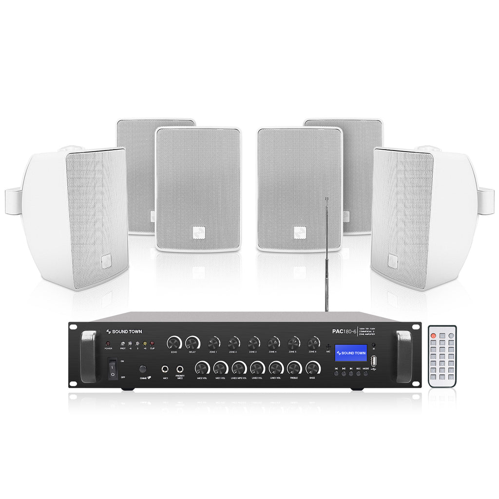 Sound Town PAC180X6TV4W | 6-Zone 70V/100V Commercial Bluetooth Amplifier and 6 Surface-Mount 4.5" Speakers Set, FM Antenna, For Restaurants, Lounges, Bars, Schools, White