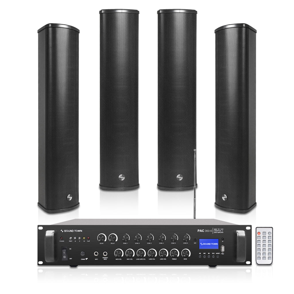 Sound Town PAC360X4CL45B | 6-Zone 70V/100V Commercial Restaurant Amplifier with Bluetooth And 4 x Four 5-Inch Column Speakers, Black