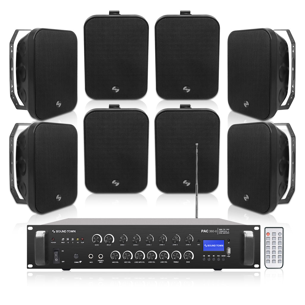 Sound Town PAC360X8MS6B | 6-Zone 70V/100V Commercial Amplifier and 8 x 6.5-Inch Surface-Mount Speakers Set, For Restaurants, Bars, Cafes, Schools, Churches, Black