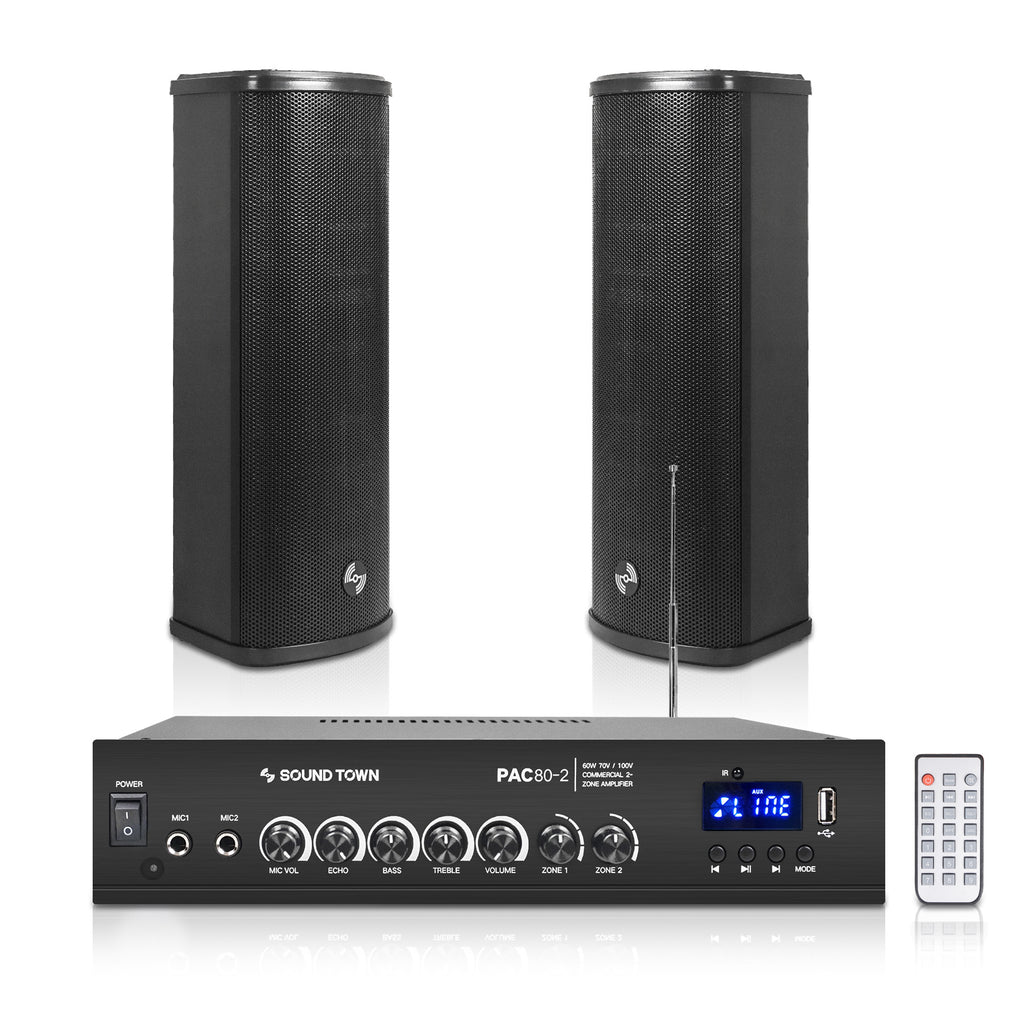 Sound Town PAC80X2CL25B | Commercial Restaurant Amplifier and Column Array Set with a 2-Zone 70V/100V Bluetooth Amp, FM Antenna, 2 x All-Weather Dual 5" Speakers, Blac