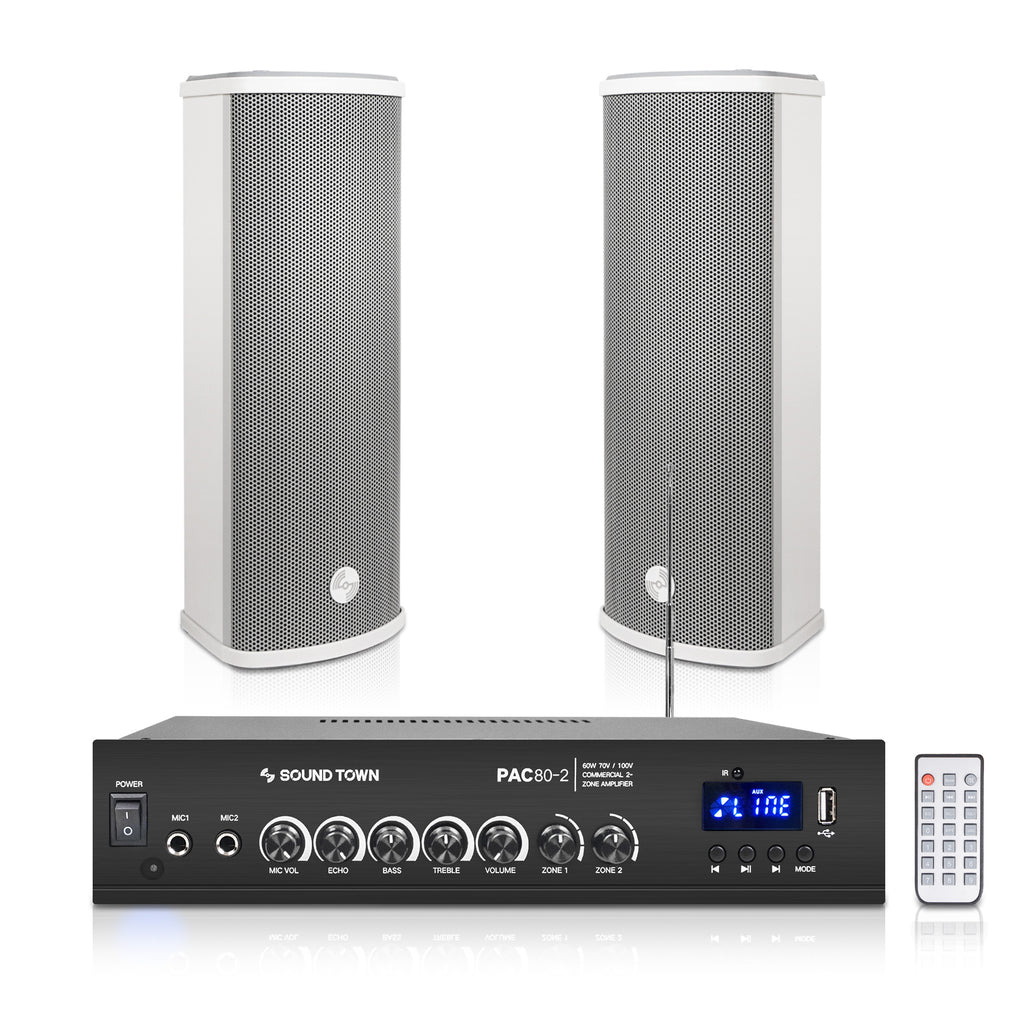 Sound Town PAC80X2CL25G | Commercial Restaurant Amplifier and Column Array Set with a 2-Zone 70V/100V Bluetooth Amp, 2 x All-Weather Dual 5" Speakers, FM Antenna, Gray