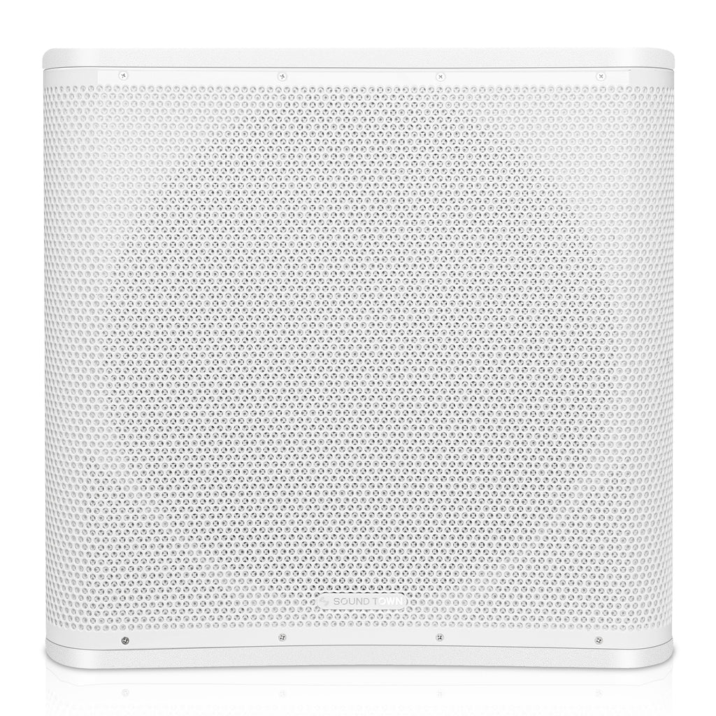 Sound Town PS-18SWK12WPW CARME Series 1600W 18” Powered Subwoofer with DSP, Birch Plywood, White - Front Panel