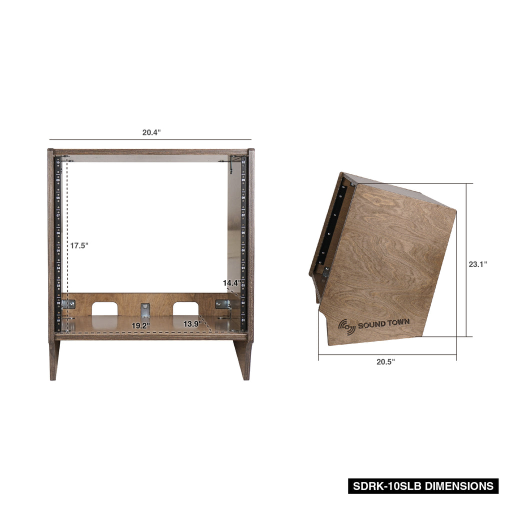 Sound Town SDRK-10SLB | DIY 10U Angled Desktop Turret Studio Rack with Solid Baltic Birch Plywood, Weathered Brown, Assembly Required - Size and Dimensions