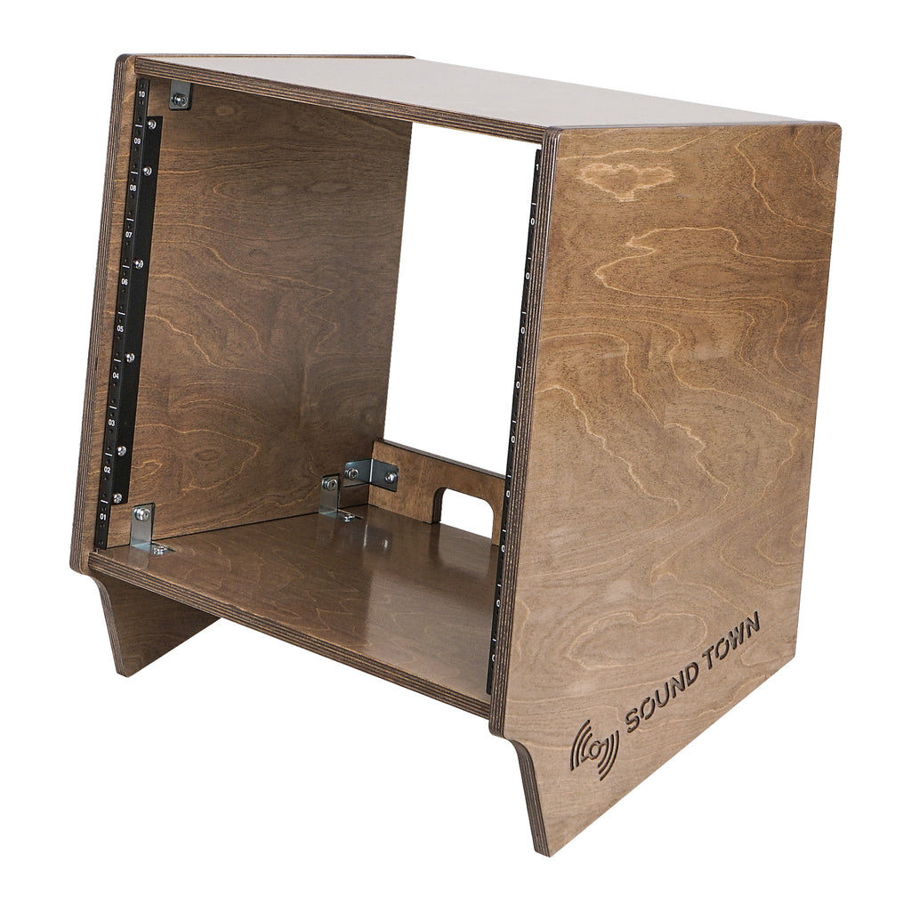 Sound Town SDRK-10SLB | DIY 10U Angled Desktop Turret Studio Rack with Solid Baltic Birch Plywood, Weathered Brown, Assembly Required - Recording Room Devices