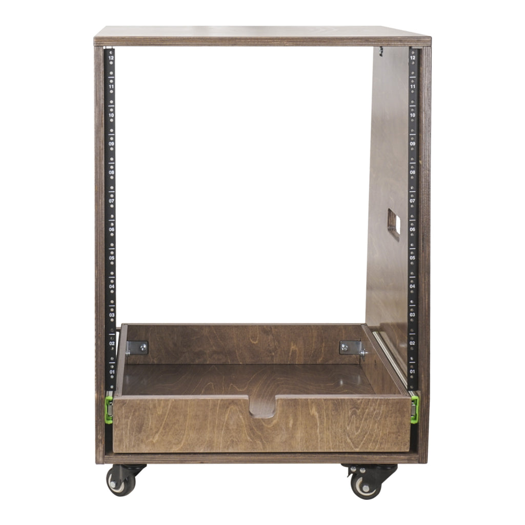 Sound Town SDRK-12TBD2 12U DIY Slanted Studio Rack with 12U Rack Space, Extra 2U Drawer, Plywood, Rubber Feet, Casters, Weathered Brown - Rackmount, Rack-Mountable