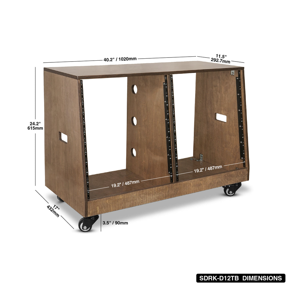 Sound Town SDRK-D12TB-R | REFURBISHED: DIY 2 x 12U Slanted Studio Rack with Baltic Birch Plywood, Casters, Weathered Brown, for Recording Room, Home Studio - Size and Dimensions