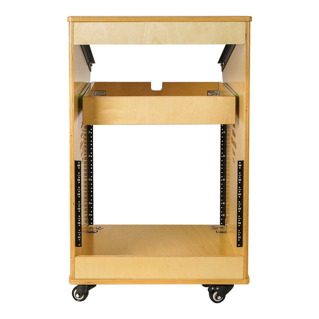 Sound Town SDRK-M11X10 | DIY Studio Rack with 11U Slant Mixer Top, 10U Front, 2U Drawer, Rubber Feet, Casters, Baltic Plywood, Golden Oak - Back View