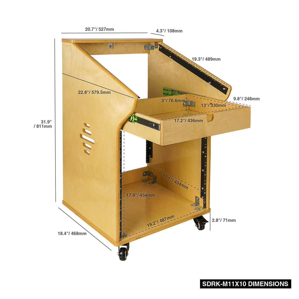 Sound Town SDRK-M11X10 | DIY Studio Rack with 11U Slant Mixer Top, 10U Front, 2U Drawer, Rubber Feet, Casters, Baltic Plywood, Golden Oak - Size and Dimensions