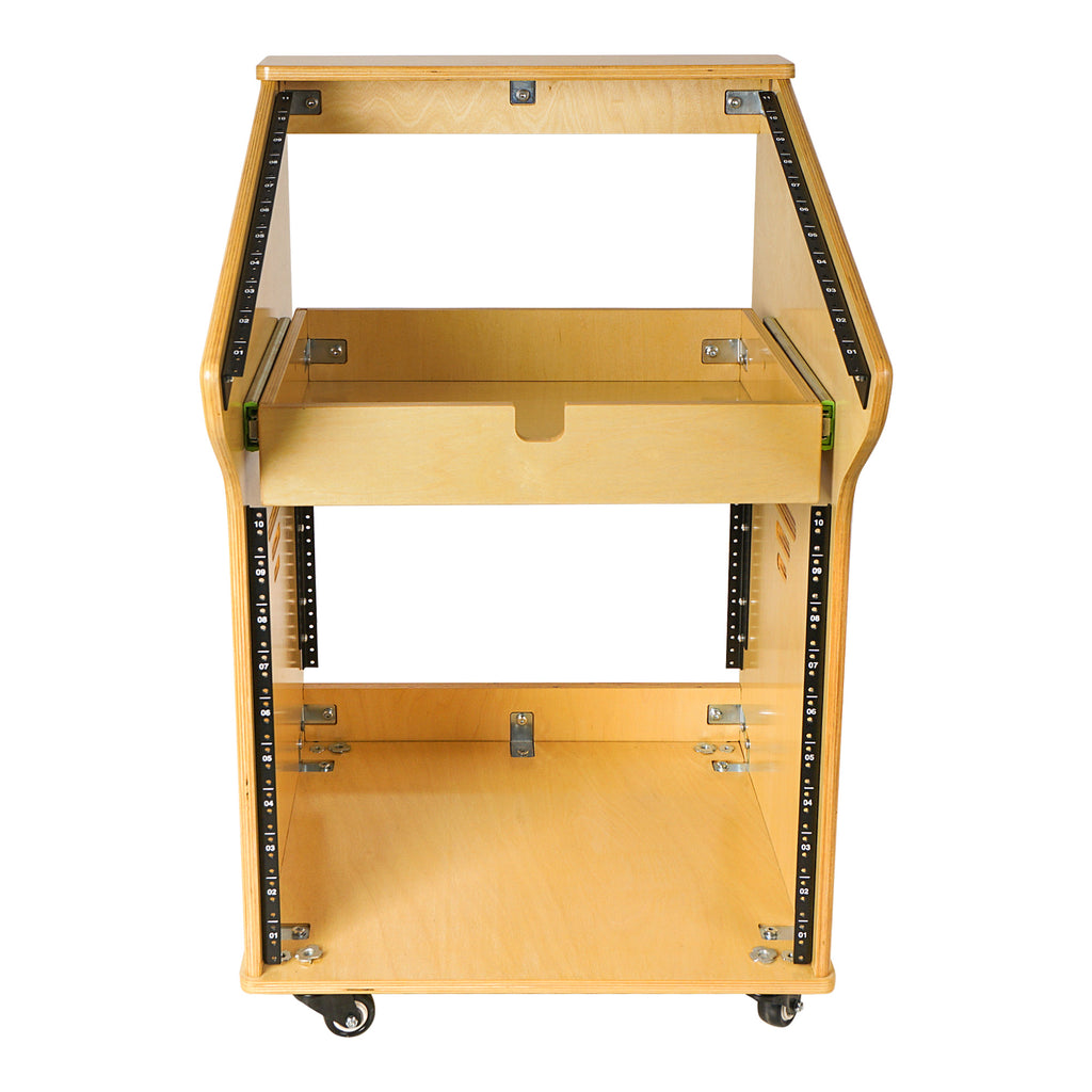 Sound Town SDRK-M11X10 | DIY Studio Rack with 11U Slant Mixer Top, 10U Front, 2U Drawer, Rubber Feet, Casters, Baltic Plywood, Golden Oak - Front View, Rack Mountable