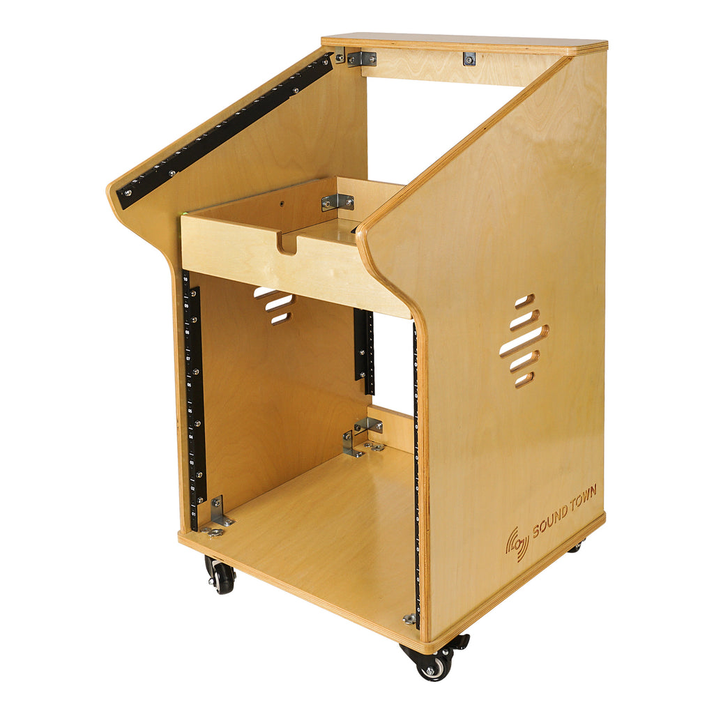 Sound Town SDRK-M11X10 | DIY Studio Rack with 11U Slant Mixer Top, 10U Front, 2U Drawer, Rubber Feet, Casters, Baltic Plywood, Golden Oak - Right View