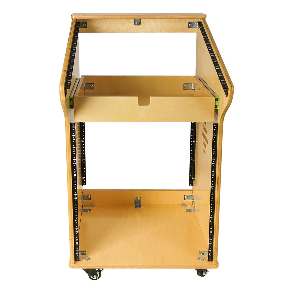 Sound Towm SDRK-M11X12 | DIY Studio Rack with 11U Slant Mixer Top, 12U Front, 2U Drawer, Rubber Feet, Casters, Baltic Plywood, Golden Oak - Front View, Rack Mountable