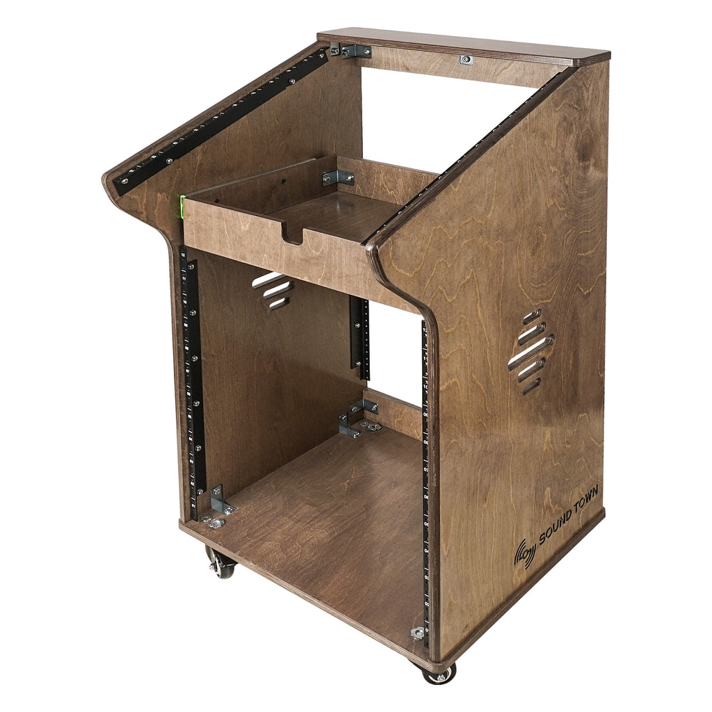 Sound Town SDRK-M11X12B | DIY Studio Rack with 11U Slant Mixer Top, 12U Front, 2U Drawer, Rubber Feet, Casters, Baltic Plywood, Weathered Brown - Right View